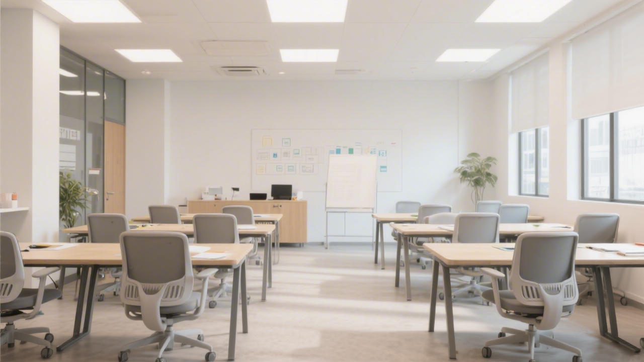 Bright modern academy space with desks, ergonomic chairs and neutral lighting, showcasing a professional environment for learning UI and UX design