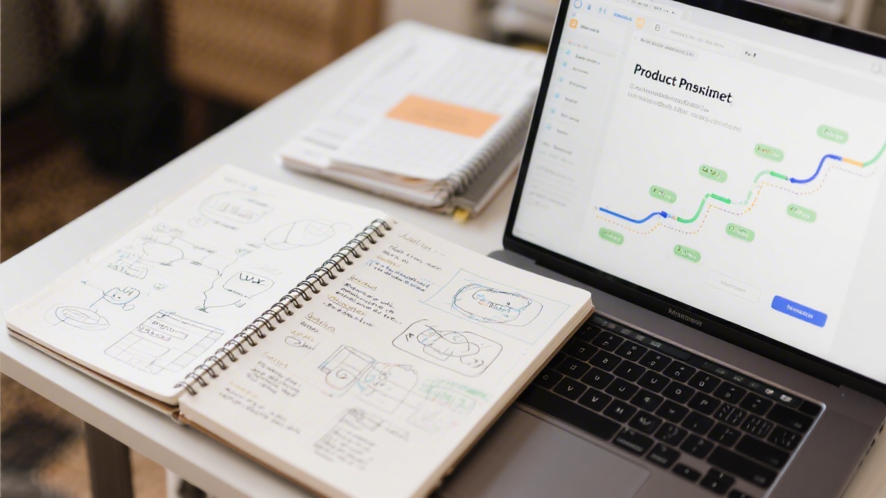 Notebook with structured UX notes, diagrams and wireframes next to a laptop displaying a product roadmap, indicating organized learning materials
