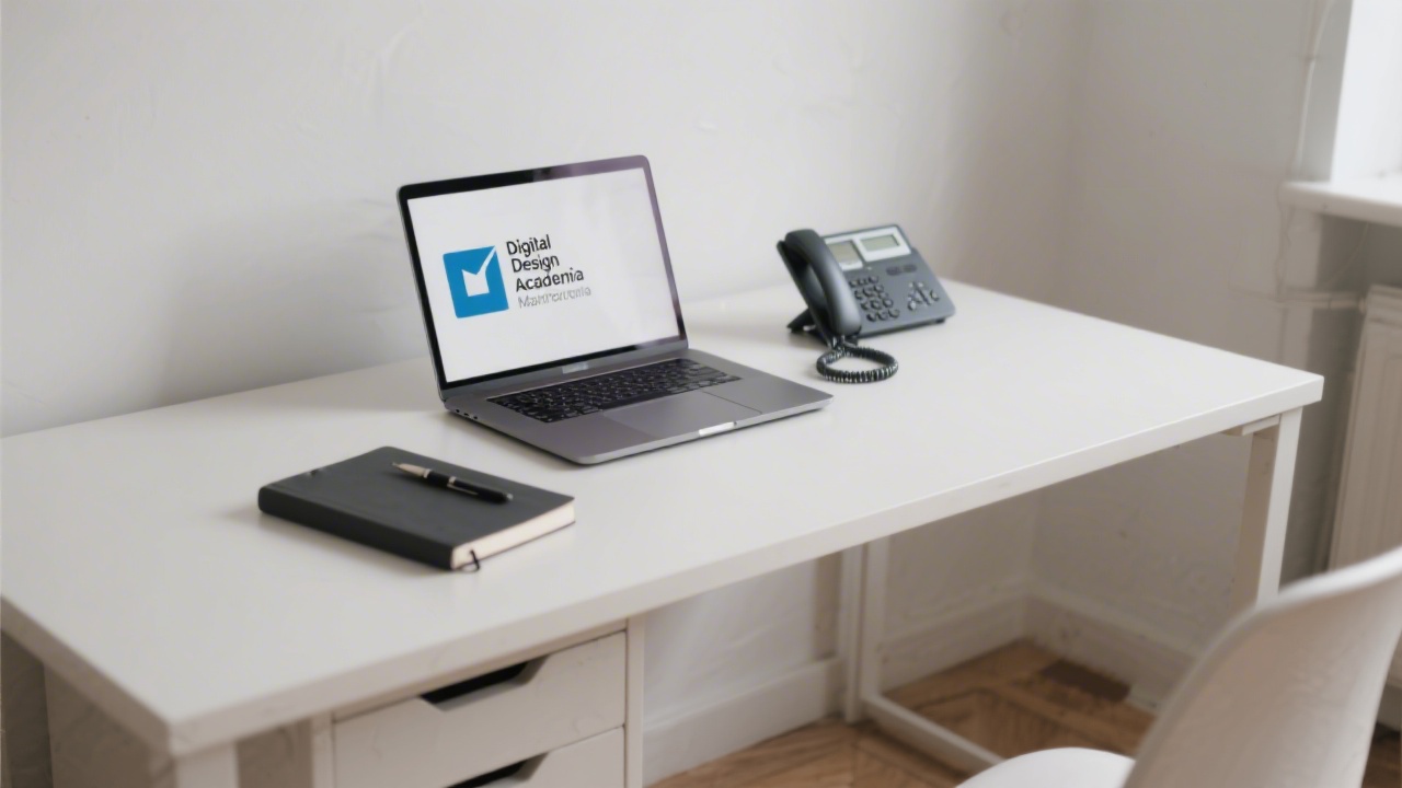 Clean desk with laptop, notebook and phone, representing professional communication and contact with a digital design academy in Madrid