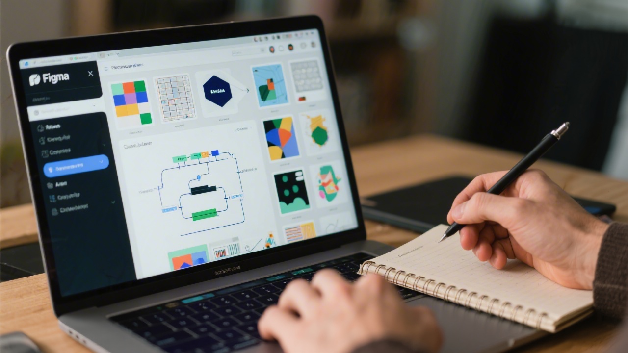 Close-up of a laptop screen showing a Figma prototype with multiple artboards, component library and a flow map, hands taking notes on a notebook