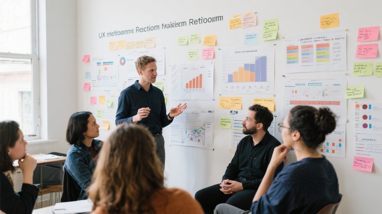 Small group discussing user research findings with a facilitator, wall filled with notes and charts, illustrating a structured learning session on UX methods