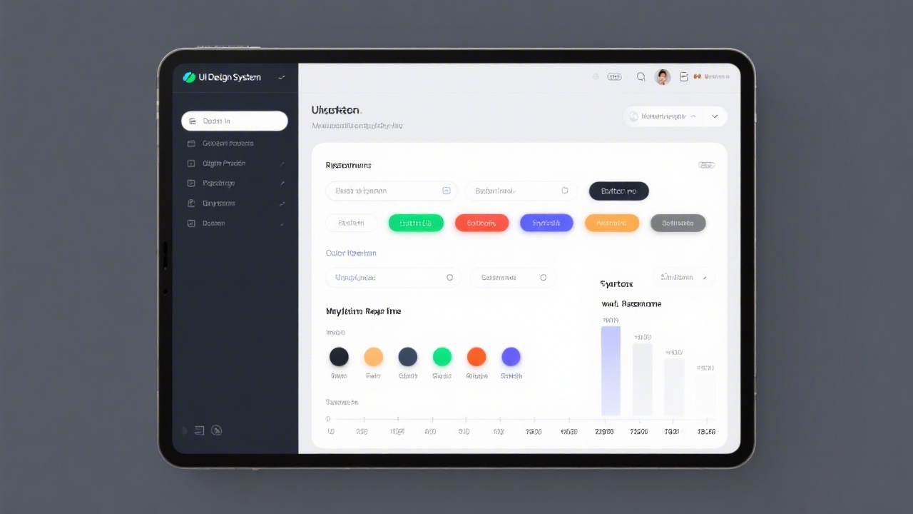 Screen with a UI design system showing buttons, inputs, color tokens and typography scale, representing structured interface components for digital products