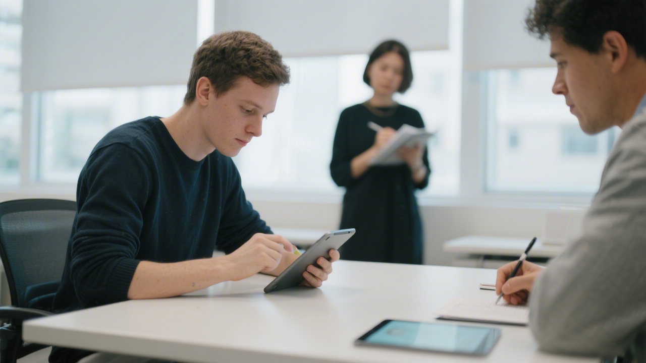 Participant testing a prototype on a tablet while a moderator observes and takes notes, representing a usability testing session in a UX course